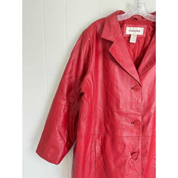 Vintage 90s Y2K Red Pieced Leather Jacket Coat 20W Plus Size Veranesi Moto - Picture 3 of 15